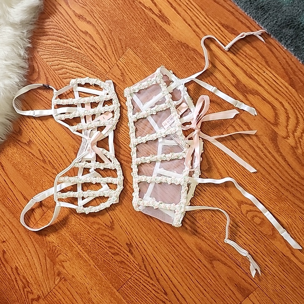 NWT Victoria's secret rose embroidered 34DD Bra and XSMALL /SMALL Garter.